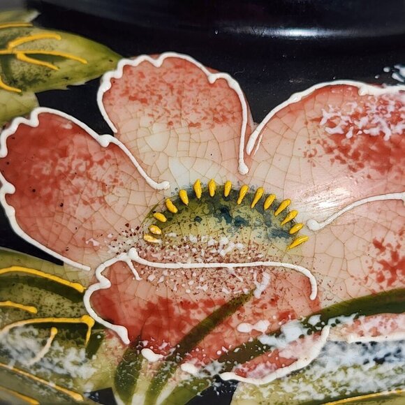 Hand-Painted Black Ceramic Jar Lid Pink & Green Floral Motif Fredrick Cooper - Picture 6 of 12